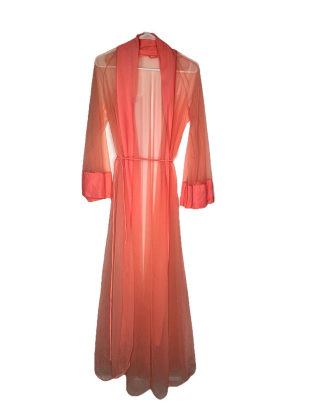 Vintage Sheer Chiffon Peignoir Robe with Satin Trim Orange Coral